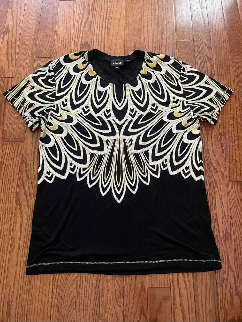 Just Cavalli Black White Gold Print Blouse Women’s Sz Medium
